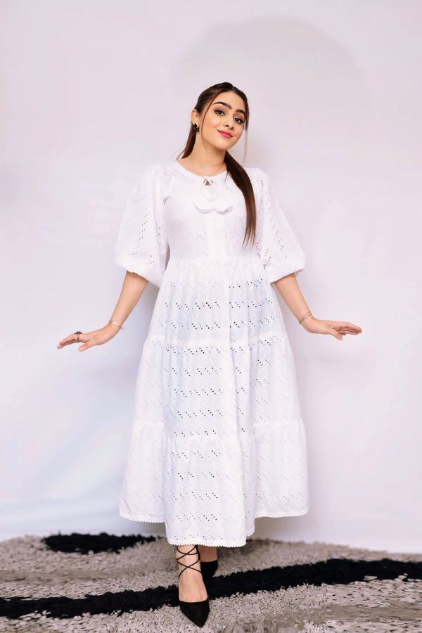 Chikan Embroidery Long White Frock – Timeless Elegance