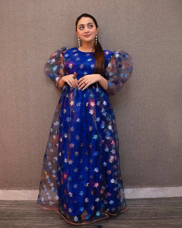 Organza Blue Frock With Multi Color Shinny Flowers