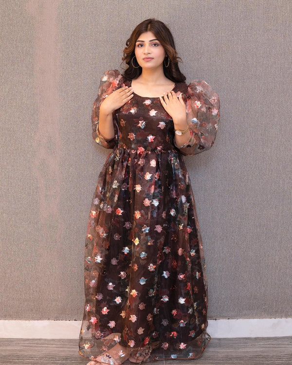 Organza Brown Frock With Multi Color Shinny Flowers