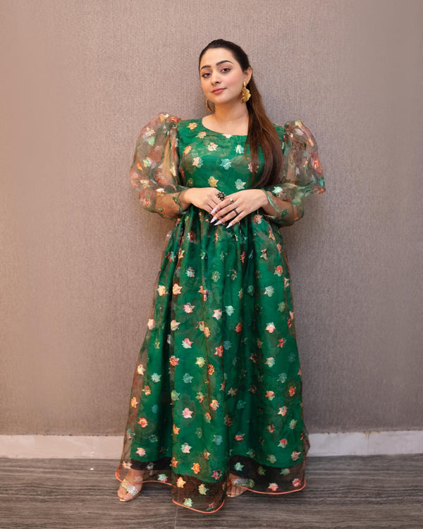 Organza Green Frock With Multi Color Shinny  Flowers