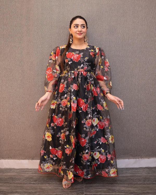 Organza Black Frock With Red Flowers